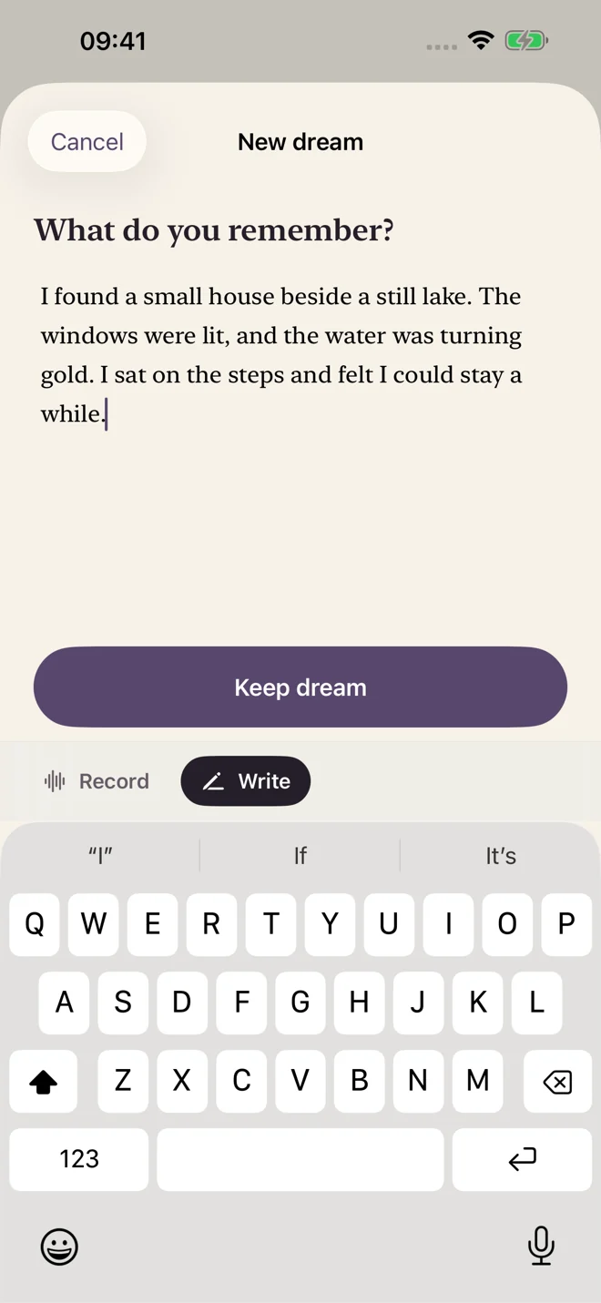 Actual dream capture screen with a written dream, Keep dream button, and Record and Write choices